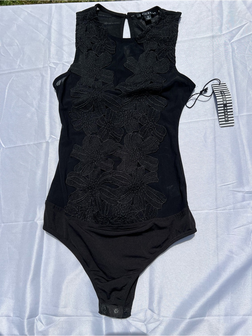 Haute Monde Mesh Black Lace Trim Sleeveless Bodysuit